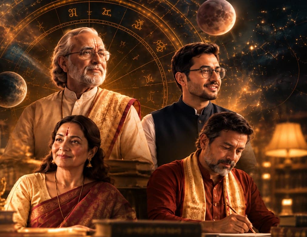 Astrologers at work under a glowing zodiac wheel